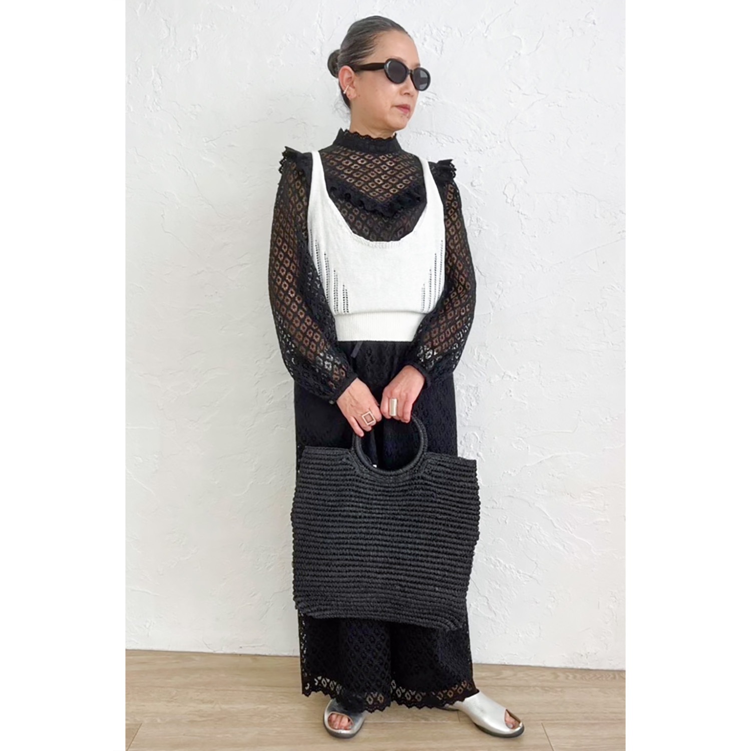 [Harriss �� Keiko Okamoto] Organic Cotton Ruffle Lace Blouse_Black(80)