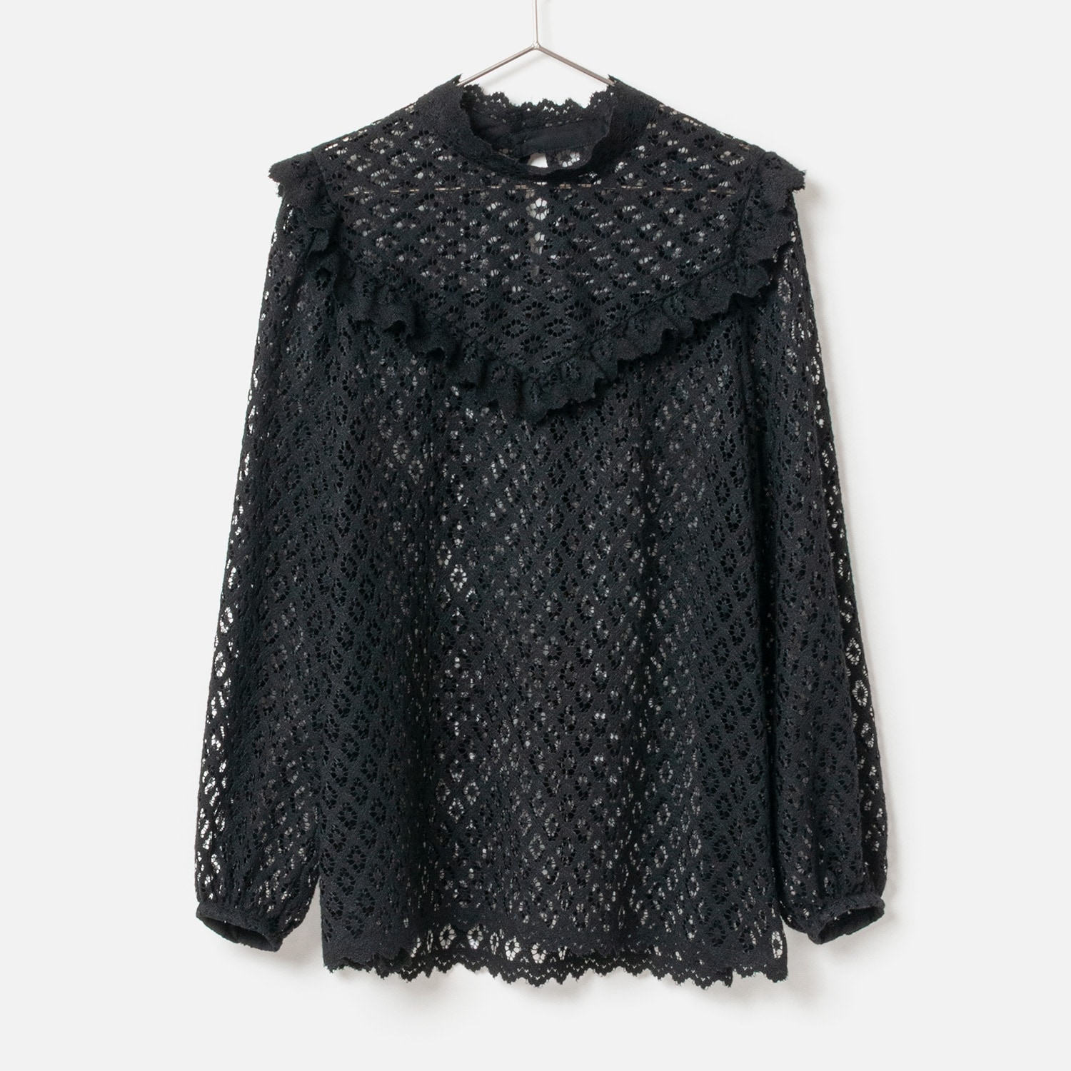 [Harriss �� Keiko Okamoto] Organic Cotton Ruffle Lace Blouse_Black(80)