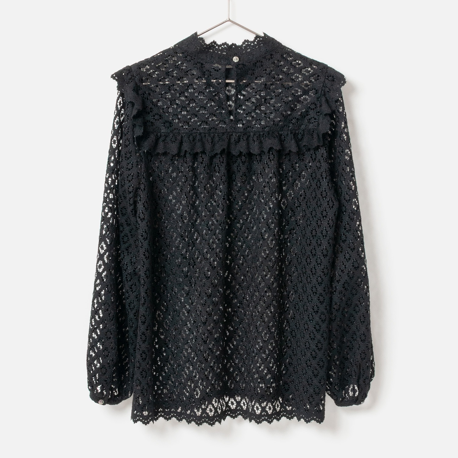 [Harriss �� Keiko Okamoto] Organic Cotton Ruffle Lace Blouse_Black(80)
