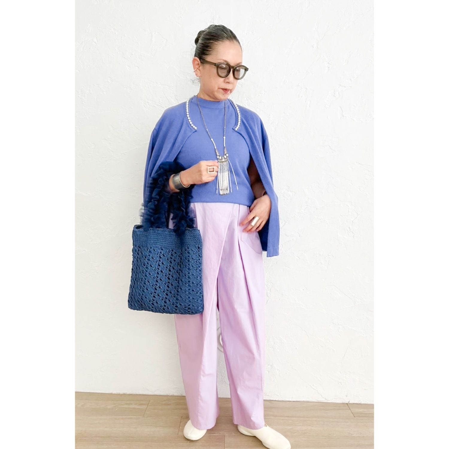 [Harriss �� Keiko Okamoto] Crew neck cardigan with pearls_Purple(41)