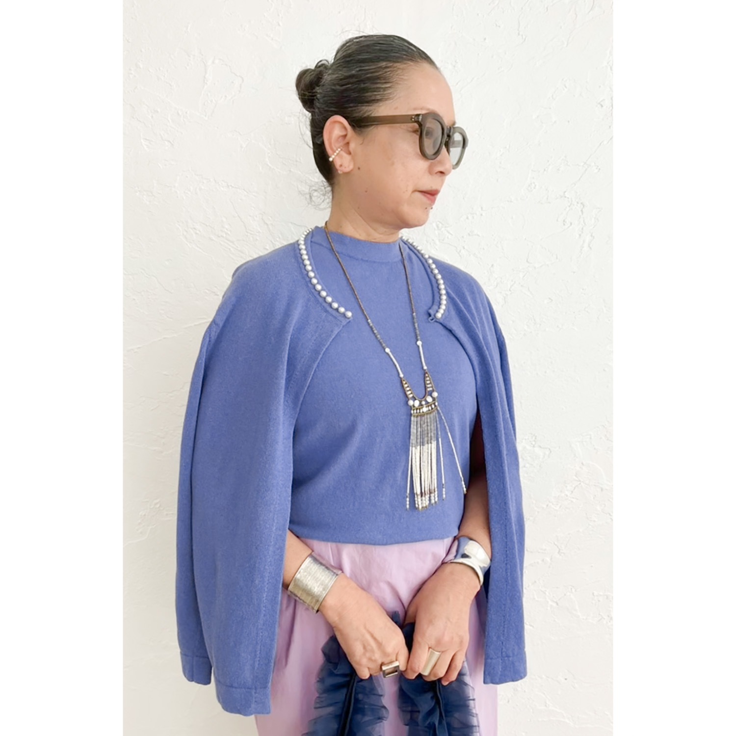 [Harriss �� Keiko Okamoto] Crew neck cardigan with pearls_Purple(41)