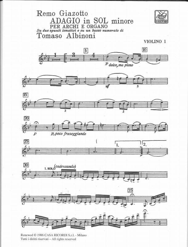 アルビノーニのアダージョ　弦楽器　パート譜 アルビノーニ/ジャゾット:アダージオ/パート譜セット（RI)