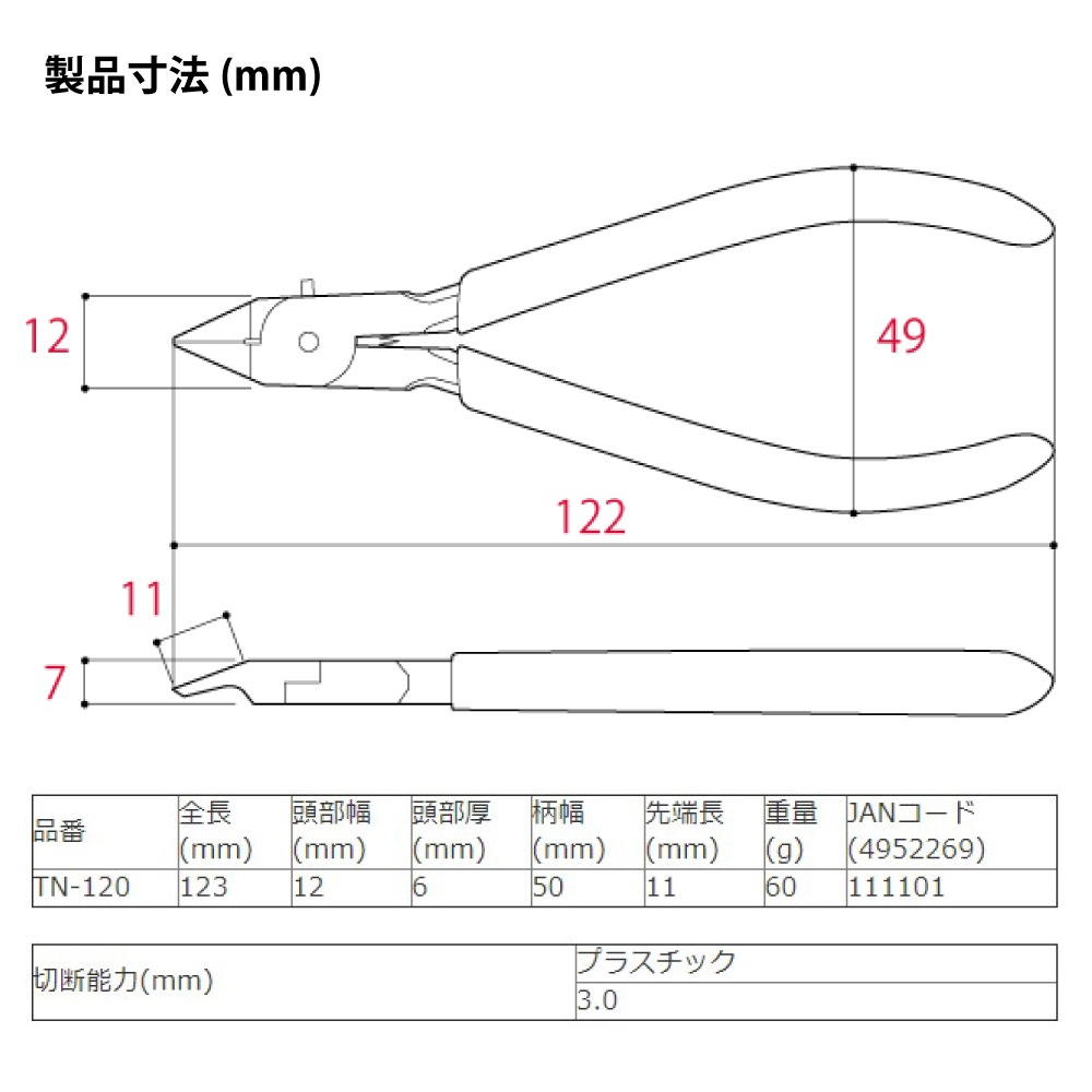 ツノダ No.27 薄刃プラニッパー 120mm KING TTC 日本製
