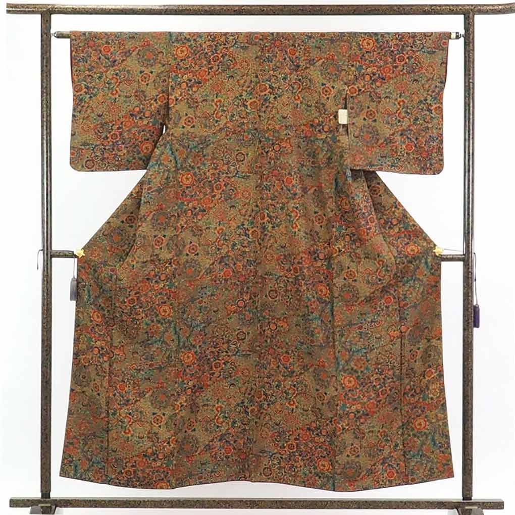 【在庫処分】リサイクル着物 小紋正絹赤茶地更紗模様袷小紋着物レディース【裄Mサイズ】【ランクA】