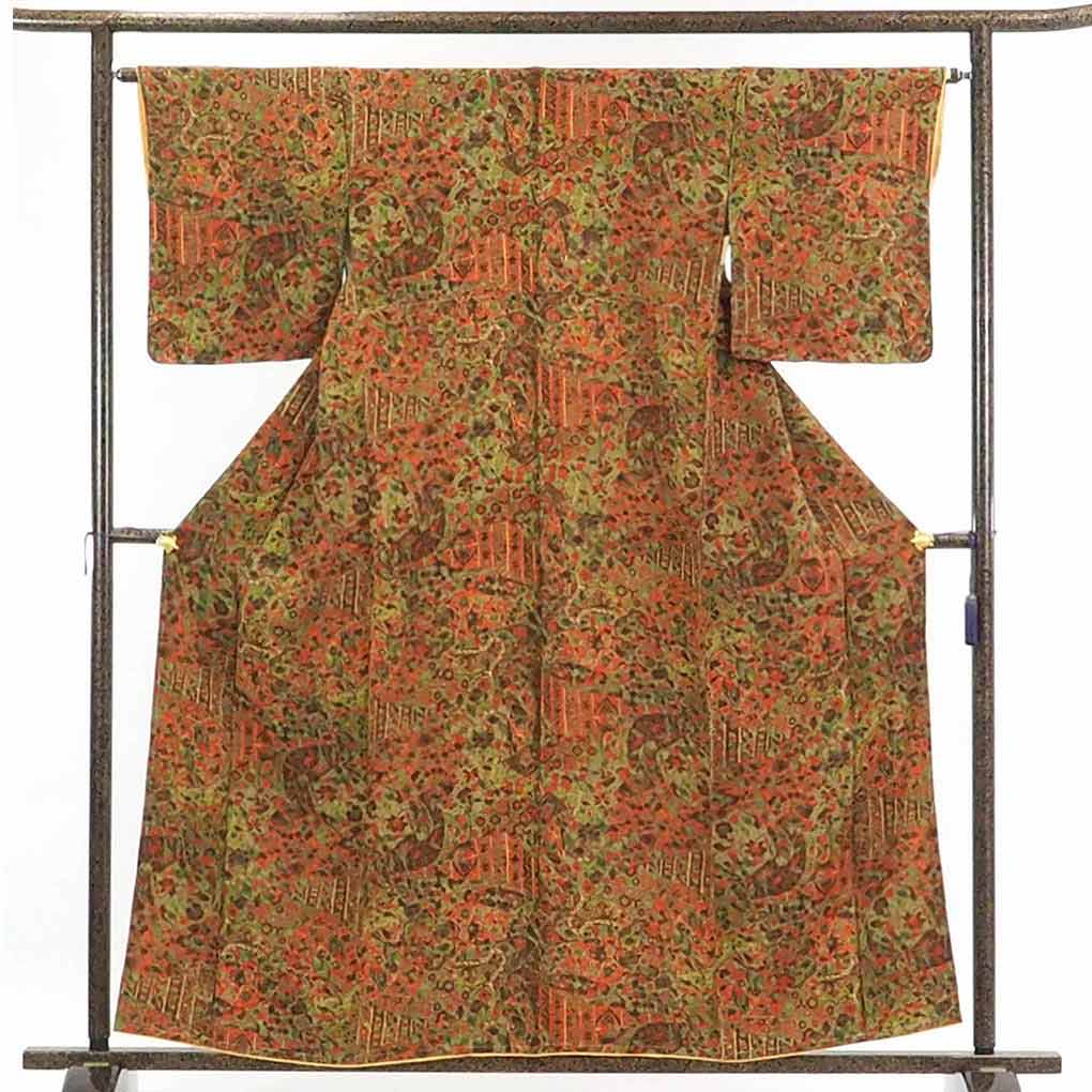 【在庫処分】リサイクル着物 小紋正絹赤茶地更紗柄袷小紋着物レディース【裄Mサイズ】【ランクS】