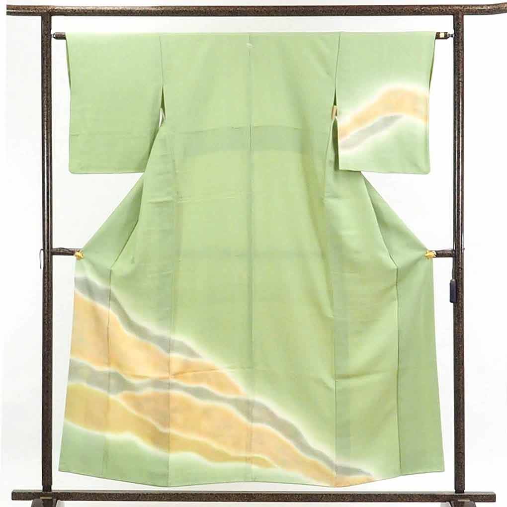 【在庫処分】リサイクル着物 訪問着正絹グリーン地五三の桐紋入遠山柄袷訪問着着物レディース【裄Mサイズ】【ランクB】