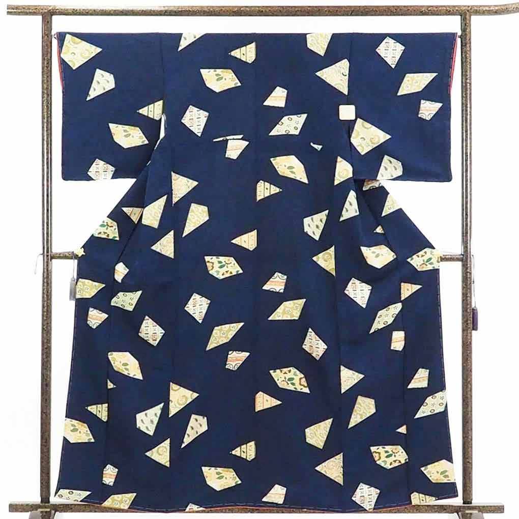 【在庫処分】リサイクル着物 小紋正絹紺地袷小紋着物未使用品レディース【裄Mサイズ】【ランクS】