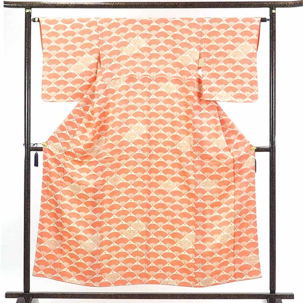 【在庫処分】リサイクル着物 小紋正絹オレンジ扇面柄袷一方付小紋着物レディース【裄Mサイズ】【ランクB】