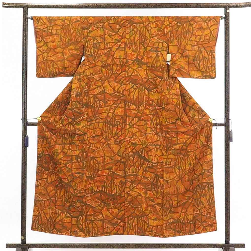 【在庫処分】リサイクル着物 小紋正絹茶オレンジ地袷小紋着物レディース【裄Mサイズ】【ランクA】