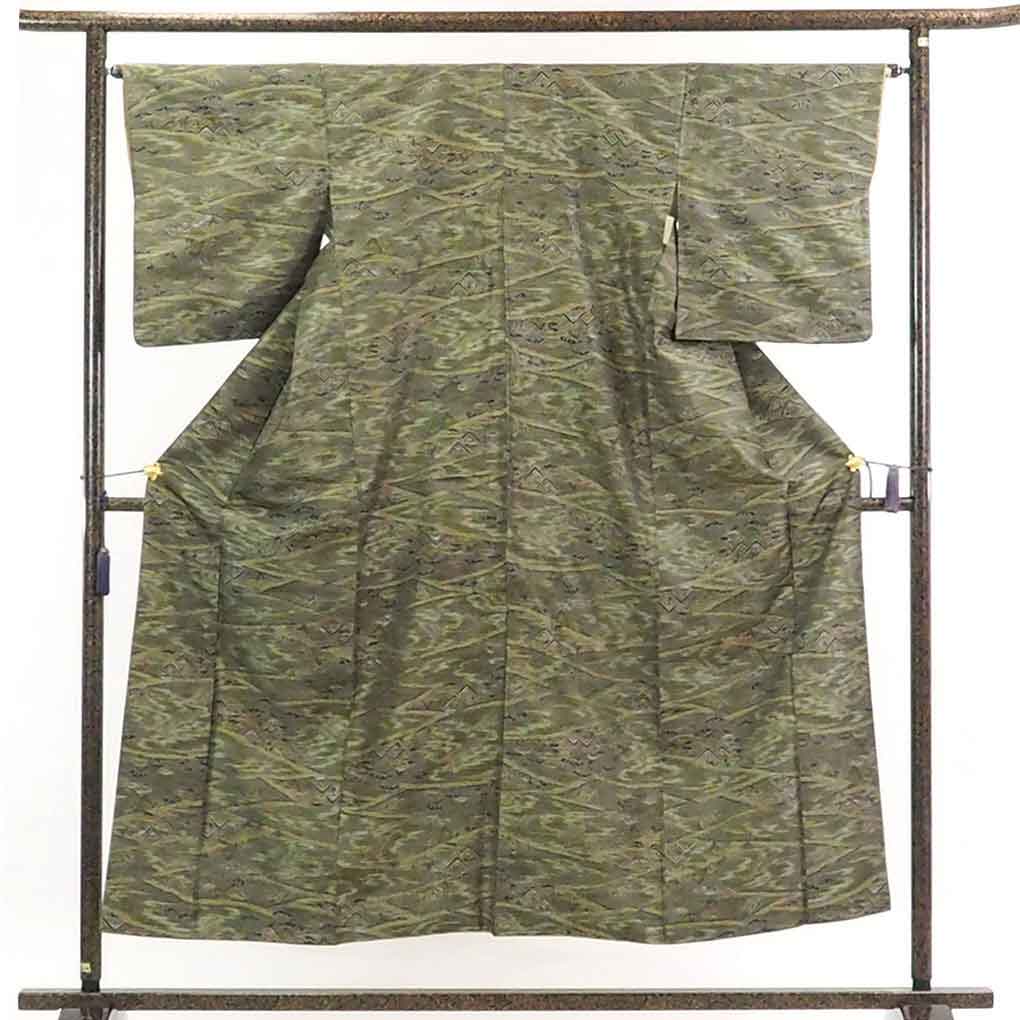 【在庫処分】リサイクル着物 紬正絹茶グリーン地袷紬着物レディース【裄Mサイズ】【ランクA】