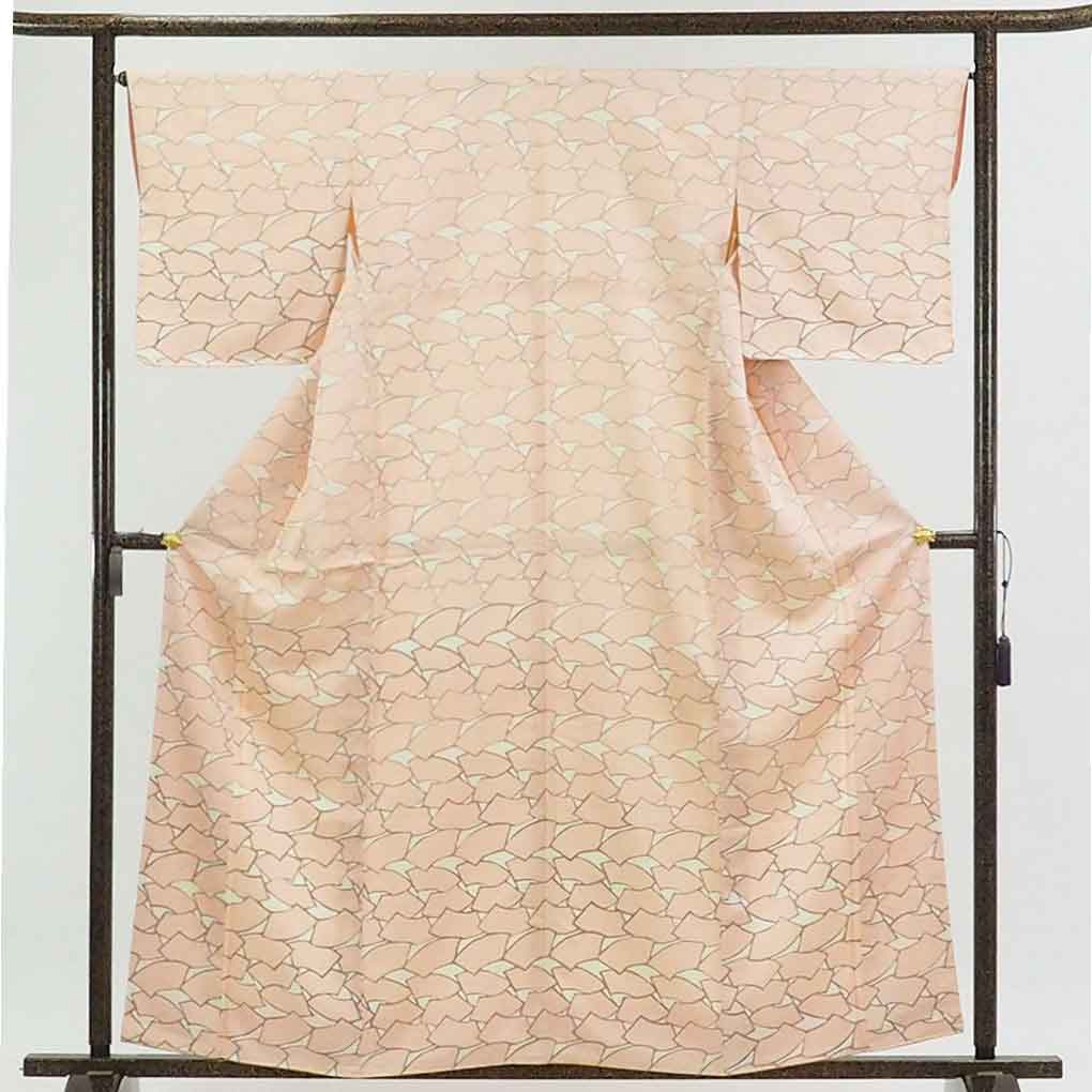 【在庫処分】リサイクル着物 小紋正絹ピンク扇面柄袷小紋着物レディース【裄Mサイズ】【ランクB】