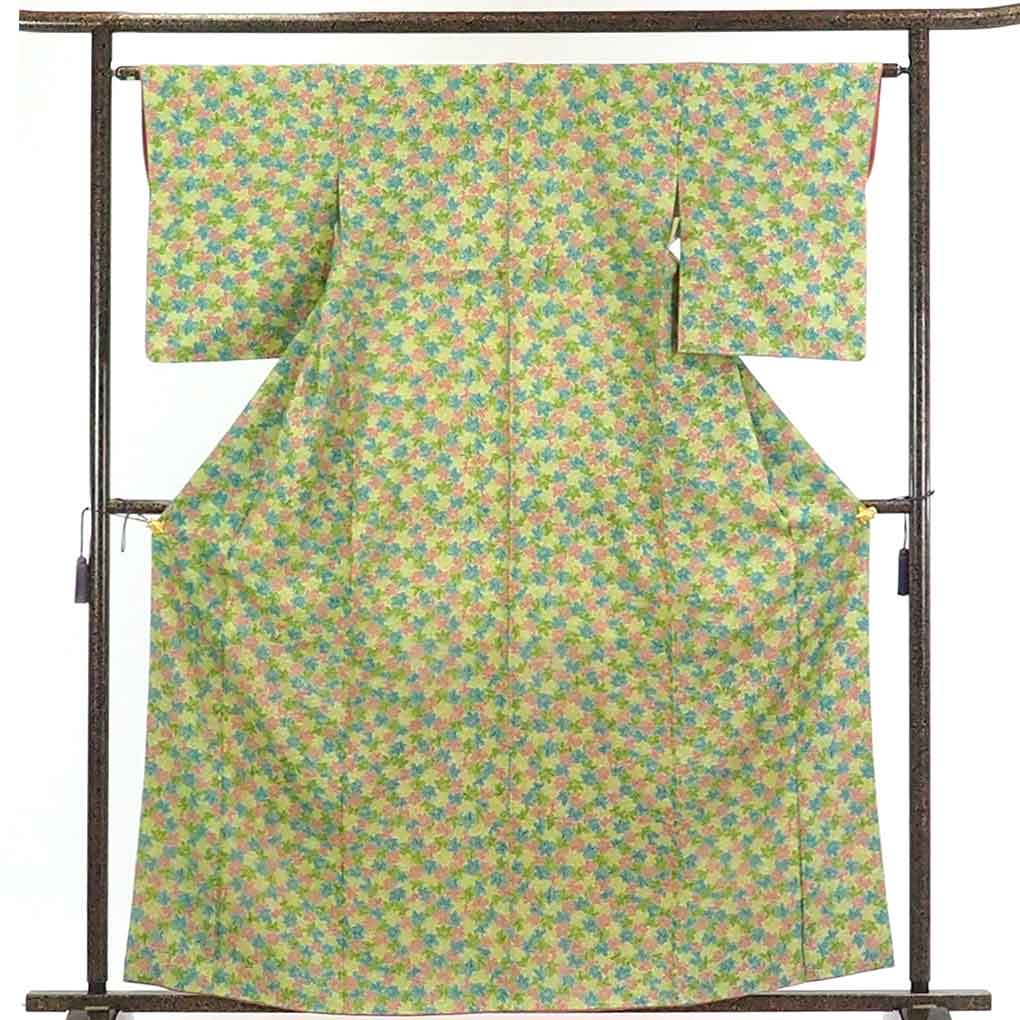 【在庫処分】リサイクル着物 小紋正絹グリーン地楓柄袷小紋着物レディース【裄Mサイズ】身丈164cm 裄63cm 前幅23cm 後幅28cm 袖丈52cm【ランクA】