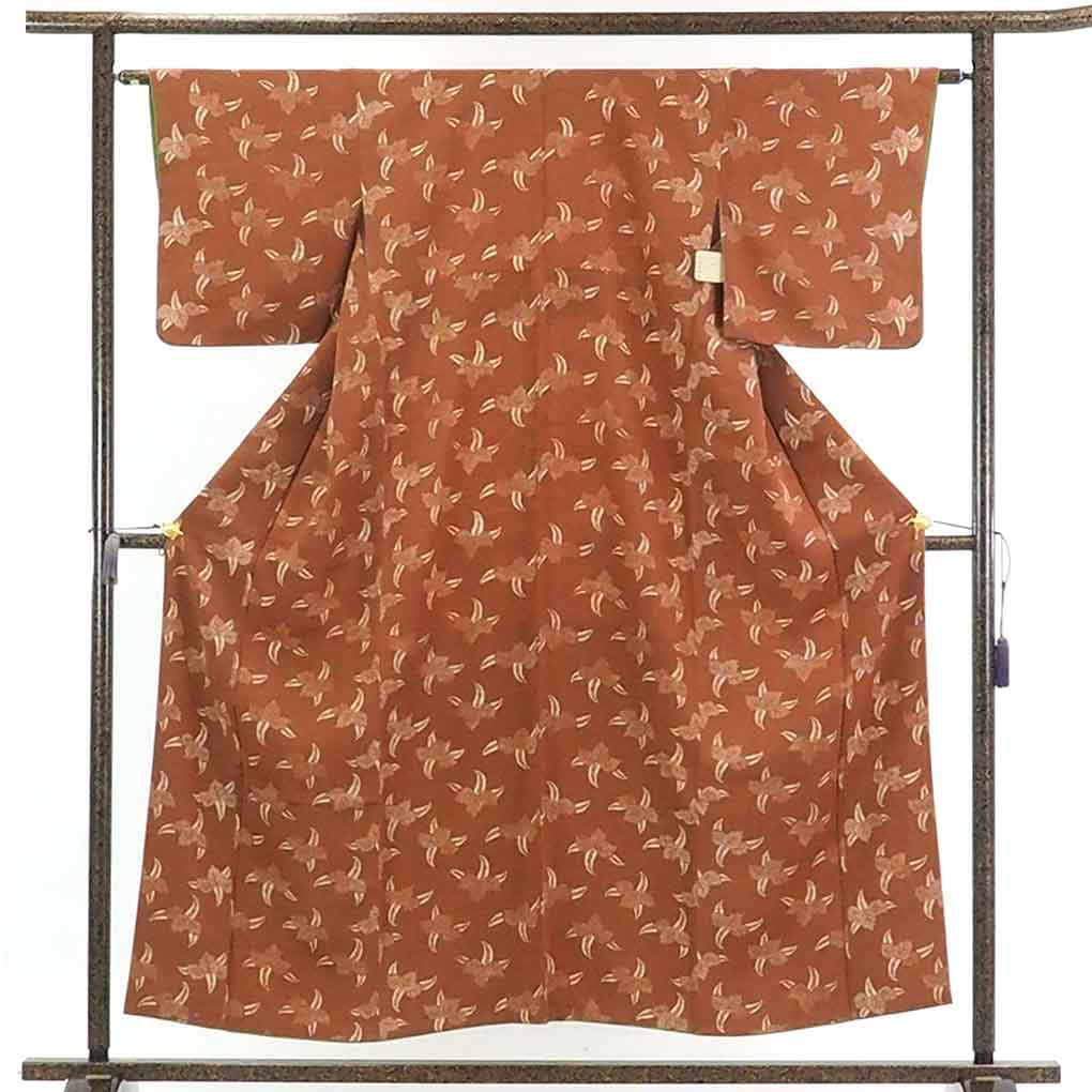 【在庫処分】リサイクル着物 小紋正絹茶色地花柄袷小紋着物レディース【裄Sサイズ】身丈156cm 裄62cm 前幅25cm 後幅29cm 袖丈45cm【ランクA】