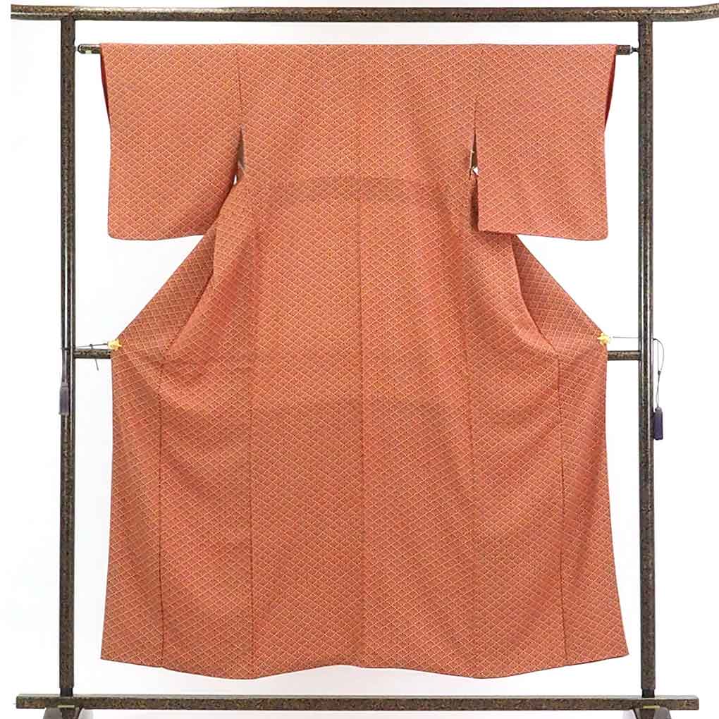 【在庫処分】リサイクル着物 小紋正絹赤茶地花柄袷小紋着物レディース【裄Sサイズ】身丈155cm 裄62cm 前幅22.5cm 後幅28cm 袖丈48cm【ランクA】