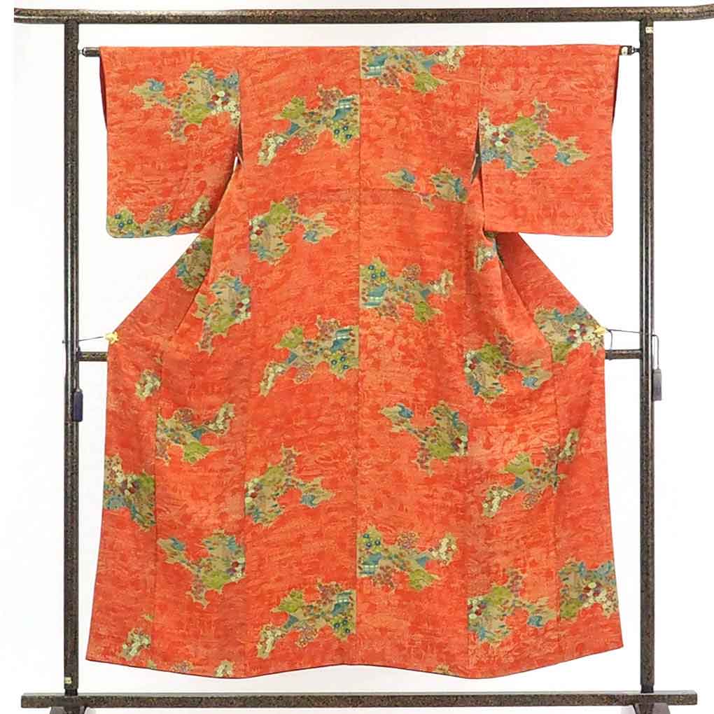 【在庫処分】リサイクル着物 小紋正絹朱赤地花柄袷小紋着物レディース【裄Mサイズ】身丈155cm 裄63cm 前幅24cm 後幅29cm 袖丈47cm【ランクA】