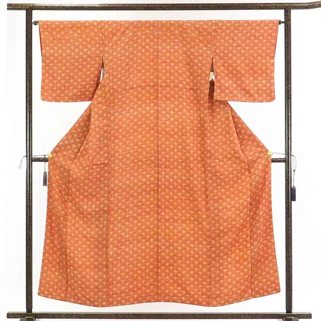 【在庫処分】リサイクル着物 小紋正絹茶オレンジ地花柄袷一方付小紋着物レディース【裄Mサイズ】身丈155cm 裄65cm 前幅24cm 後幅28cm 袖丈45cm【ランクA】