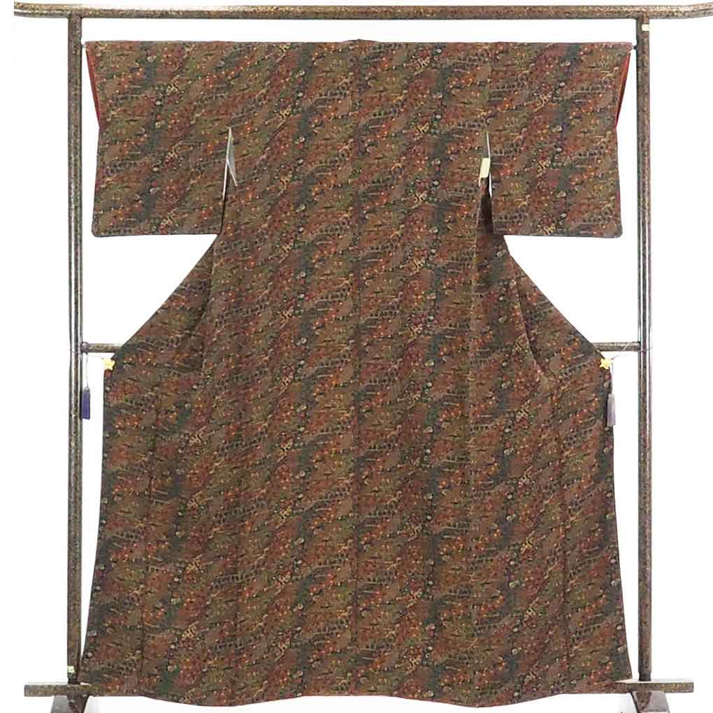 【在庫処分】リサイクル着物 小紋正絹茶グリーン地道長模様袷小紋着物レディース【裄Mサイズ】身丈154cm 裄66cm 前幅25cm 後幅30cm 袖丈49cm【ランクA】