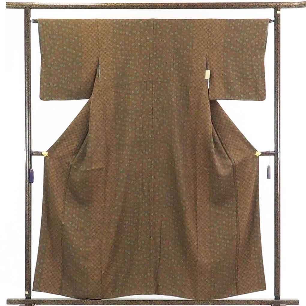 【在庫処分】リサイクル着物 小紋正絹茶色地花柄袷小紋着物レディース【裄Mサイズ】身丈159cm 裄64cm 前幅24cm 後幅30cm 袖丈46cm【ランクB】