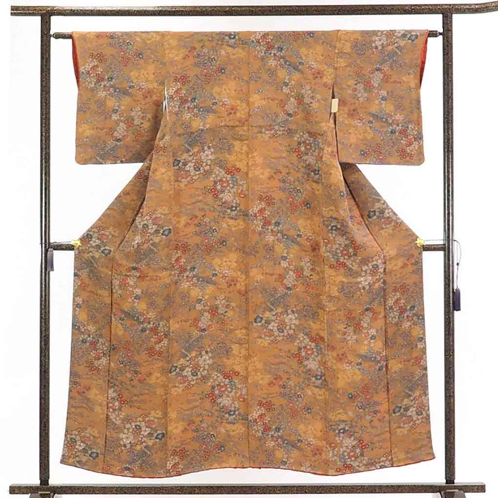 【在庫処分】リサイクル着物 小紋正絹茶色地花柄袷小紋着物レディース【裄Sサイズ】身丈156cm 裄62cm 前幅23cm 後幅30cm 袖丈47cm【ランクA】