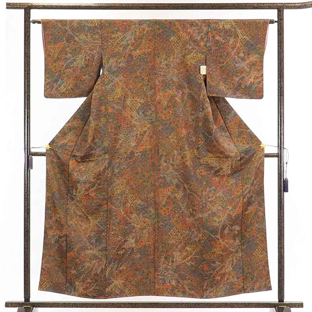 【在庫処分】リサイクル着物 小紋正絹茶色地更紗模様袷小紋着物レディース【裄Mサイズ】身丈157cm 裄63cm 前幅23cm 後幅28cm 袖丈45cm【ランクA】