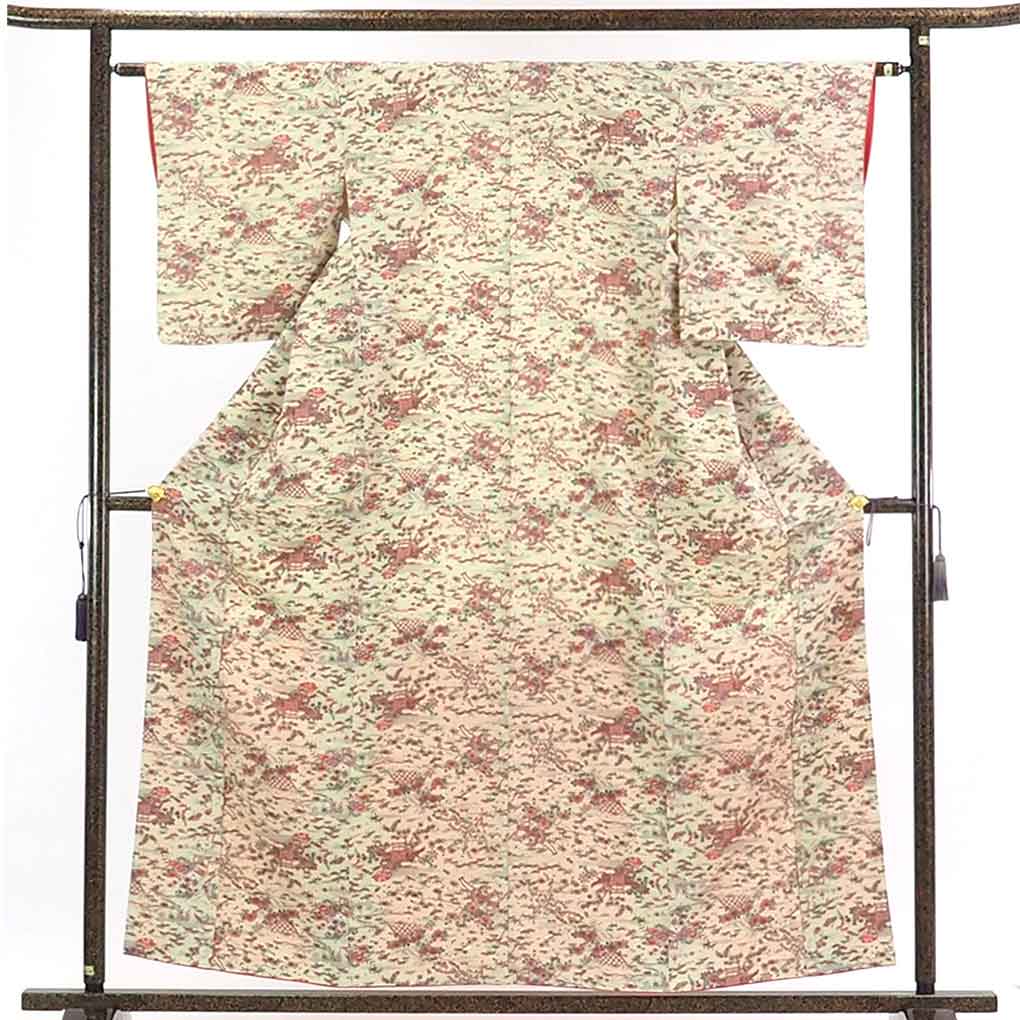 【在庫処分】リサイクル着物 小紋正絹薄ベージュ地袷小紋着物レディース【裄Sサイズ】身丈159cm 裄62cm 前幅23.5cm 後幅27cm 袖丈49cm【ランクA】