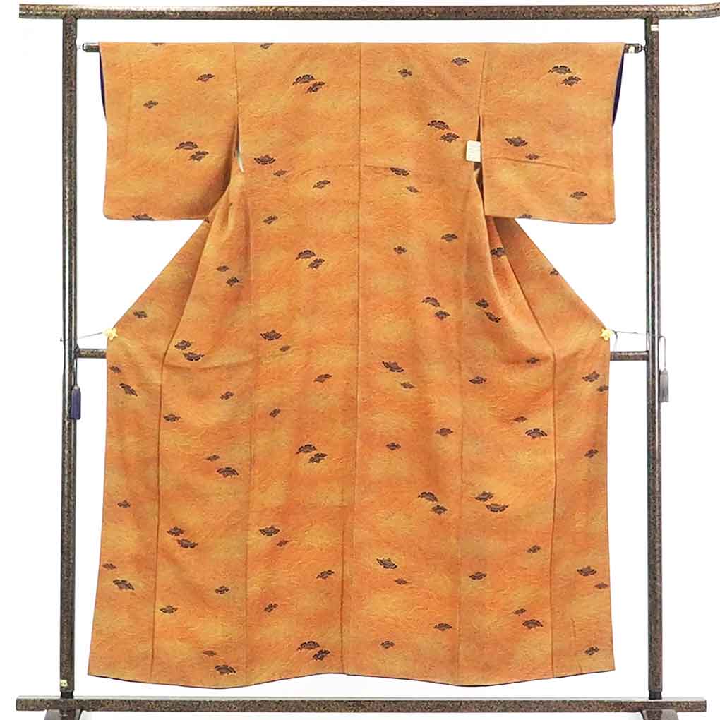 【在庫処分】リサイクル着物 小紋正絹茶オレンジ地雪輪柄袷小紋着物レディース【裄Mサイズ】身丈156cm 裄63cm 前幅23cm 後幅28.5cm 袖丈44cm【ランクB】