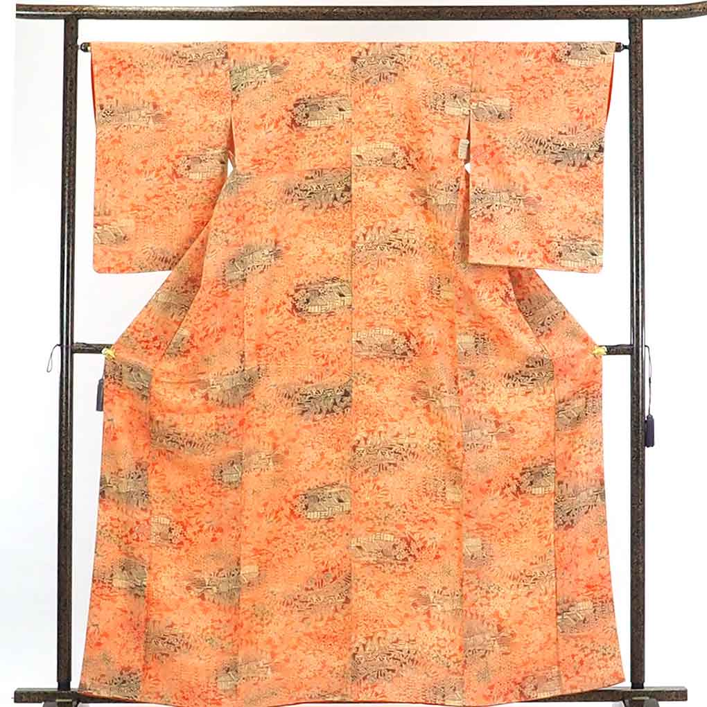 【在庫処分】リサイクル着物 小紋正絹オレンジぼかし袷小紋着物レディース【裄Mサイズ】身丈164cm 裄65cm 前幅25cm 後幅29cm 袖丈57cm【ランクA】