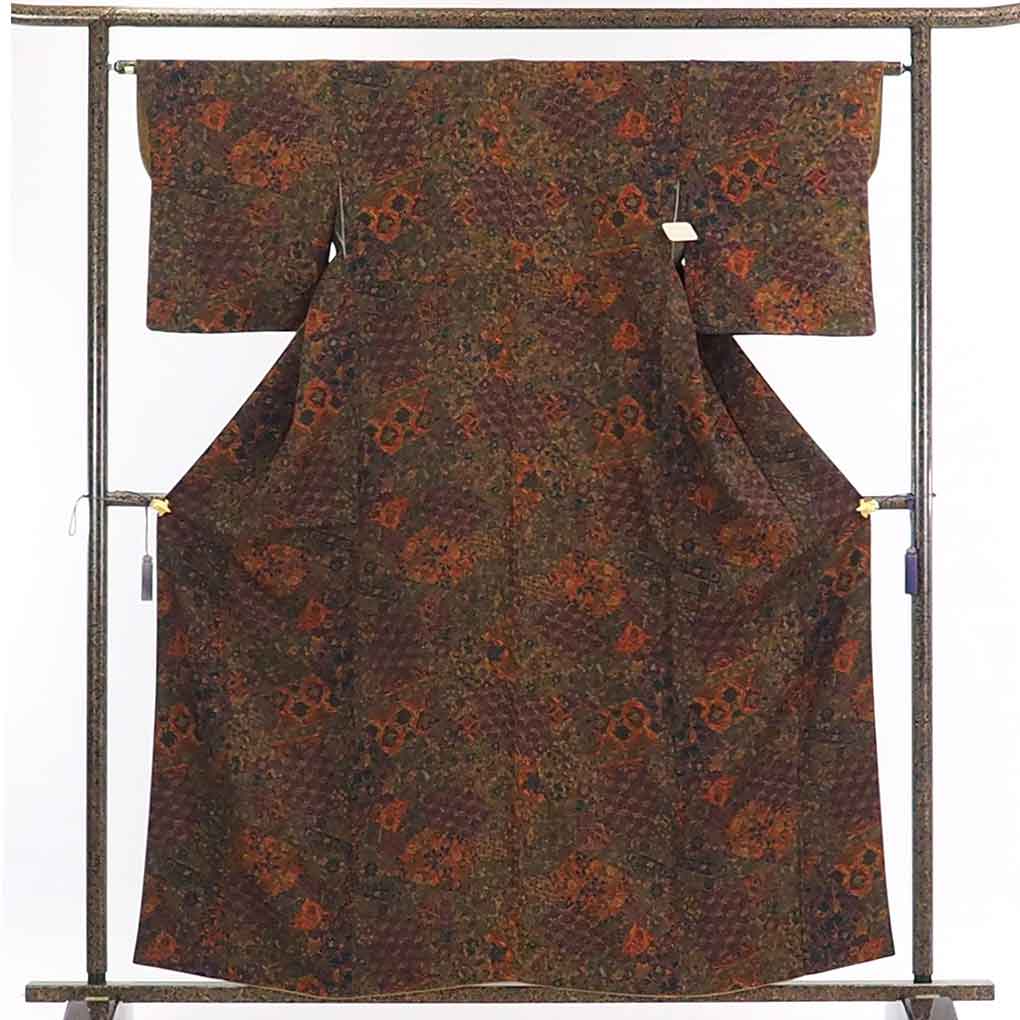 【在庫処分】リサイクル着物 小紋正絹茶色地更紗模様袷小紋着物レディース【裄Mサイズ】身丈161cm 裄63cm 前幅23cm 後幅28cm 袖丈48cm【ランクA】