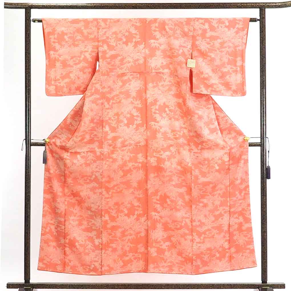 【在庫処分】リサイクル着物 小紋正絹ピンクオレンジ地袷江戸小紋着物レディース【裄Sサイズ】身丈155cm 裄61cm 前幅23cm 後幅28cm 袖丈48cm【ランクA】