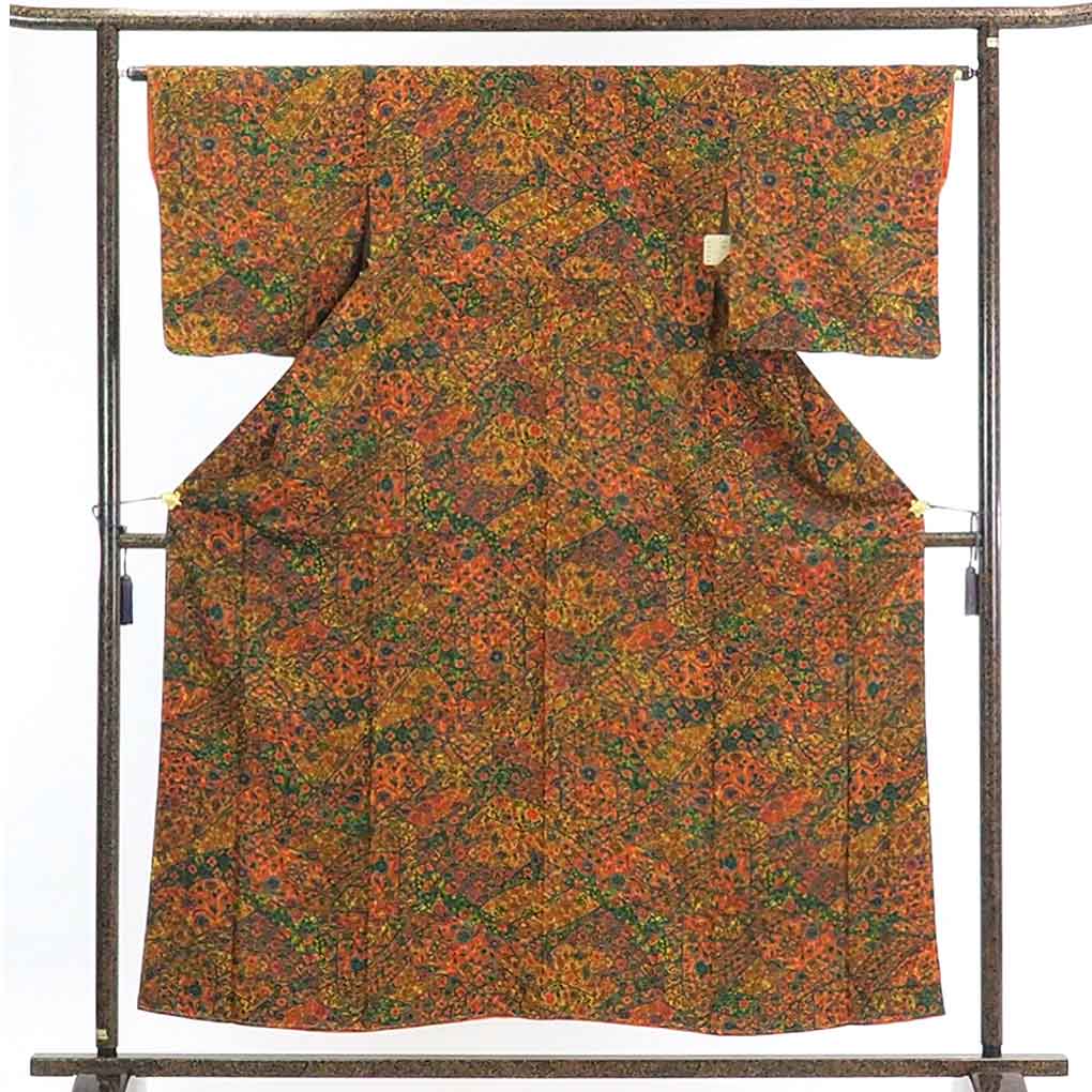 【在庫処分】リサイクル着物 小紋正絹更紗柄袷小紋着物未使用品レディース【裄Mサイズ】身丈157cm 裄64cm 前幅22cm 後幅28cm 袖丈49cm【ランクS】