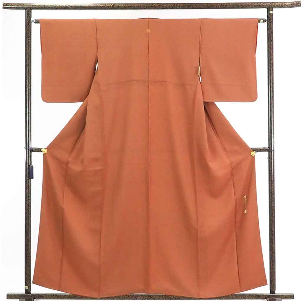 【在庫処分】リサイクル着物 小紋正絹茶オレンジ地五瓜桔梗紋入袷江戸小紋着物レディース【裄Mサイズ】身丈160cm 裄63cm 前幅24cm 後幅29cm 袖丈49cm【ランクB】