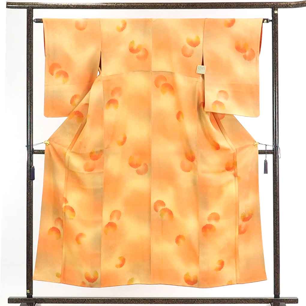 【在庫処分】リサイクル着物 小紋正絹オレンジぼかし袷小紋着物レディース【裄Sサイズ】身丈154cm 裄62cm 前幅23.5cm 後幅29cm 袖丈56cm【ランクB】