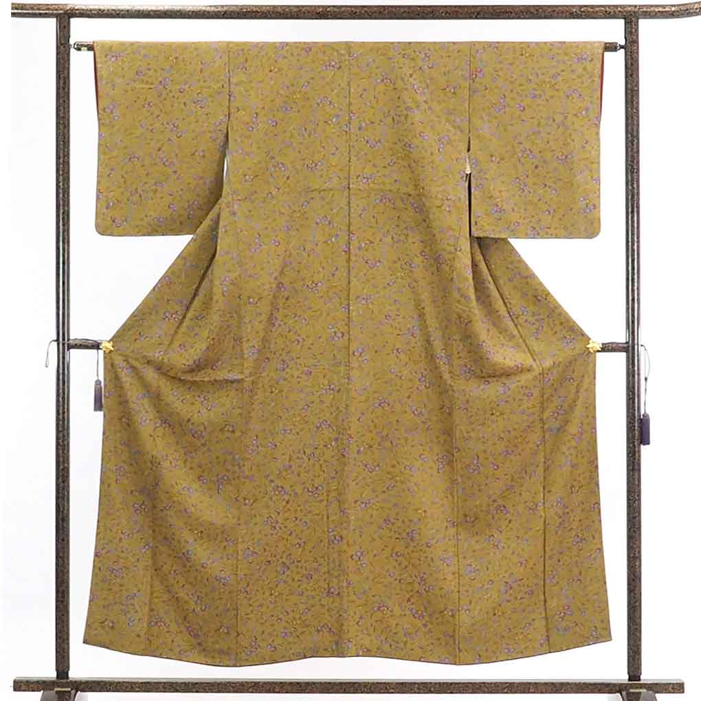 【在庫処分】リサイクル着物 小紋正絹茶グリーン地花柄袷小紋着物レディース【裄Mサイズ】身丈155cm 裄63cm 前幅23cm 後幅28cm 袖丈49cm【ランクA】