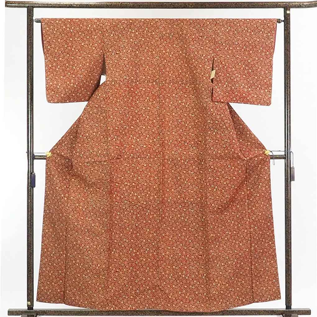 【在庫処分】リサイクル着物 小紋正絹赤茶紬地蔦花柄袷小紋着物レディース【裄Mサイズ】身丈160cm 裄64cm 前幅24cm 後幅30cm 袖丈48cm【ランクB】