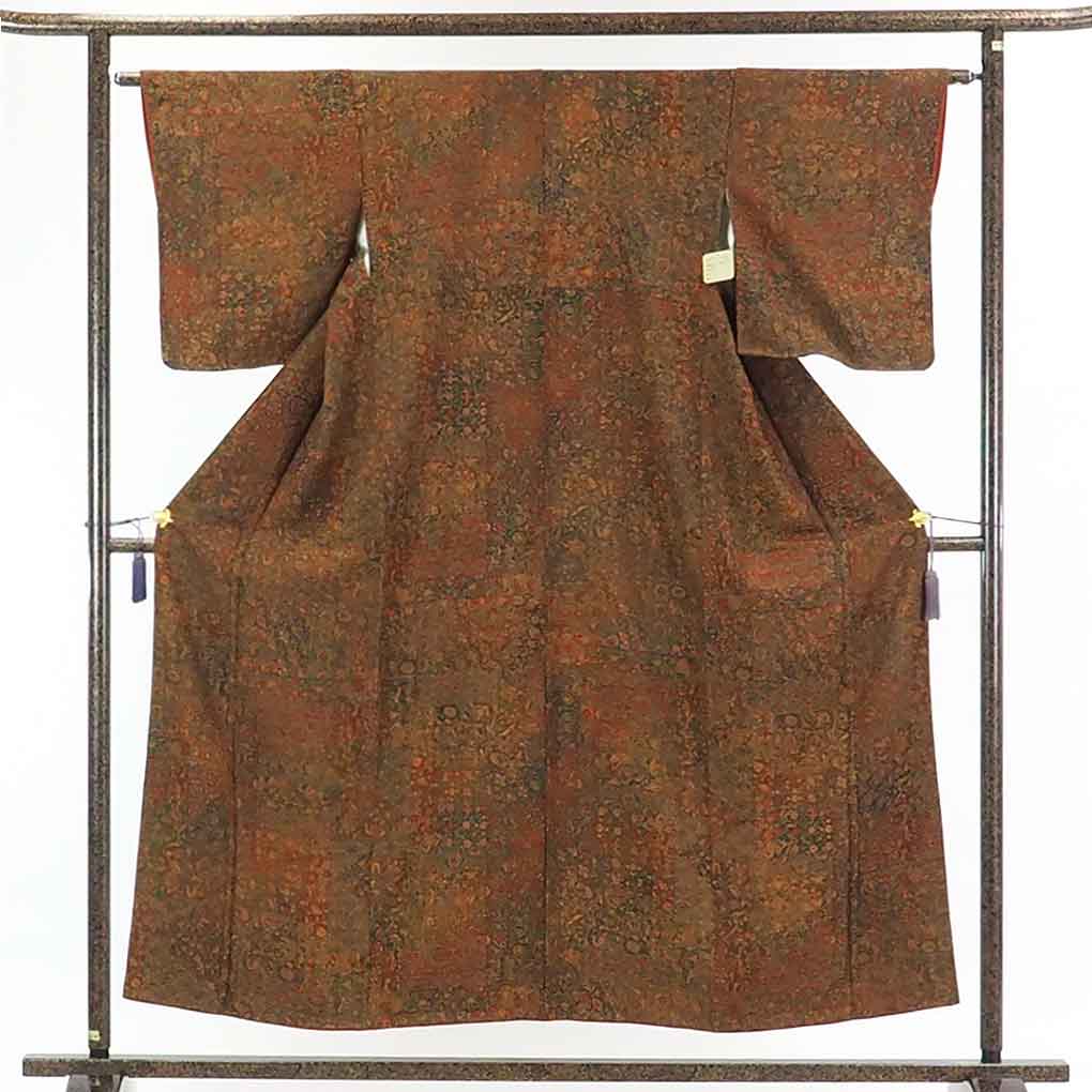 【在庫処分】リサイクル着物 小紋正絹茶色地更紗模様袷小紋着物レディース【裄Sサイズ】身丈155cm 裄62cm 前幅24cm 後幅28cm 袖丈49cm【ランクA】
