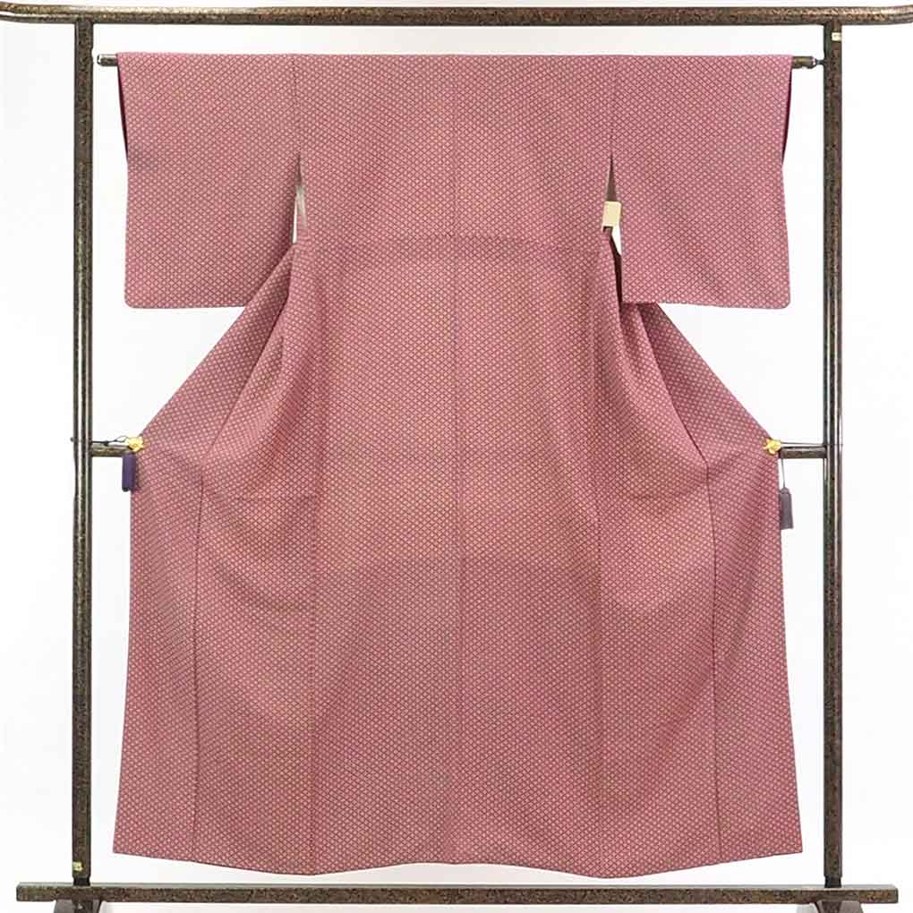 【在庫処分】リサイクル着物 小紋正絹赤紫地七宝柄袷小紋着物レディース【裄Mサイズ】身丈156cm 裄63cm 前幅22.5cm 後幅28cm 袖丈49cm【ランクB】