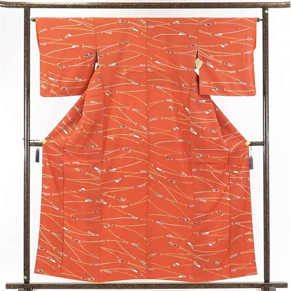 【在庫処分】リサイクル着物 小紋正絹赤地扇面柄袷小紋着物レディース【裄Mサイズ】身丈159cm 裄65cm 前幅23cm 後幅28cm 袖丈48cm【ランクA】