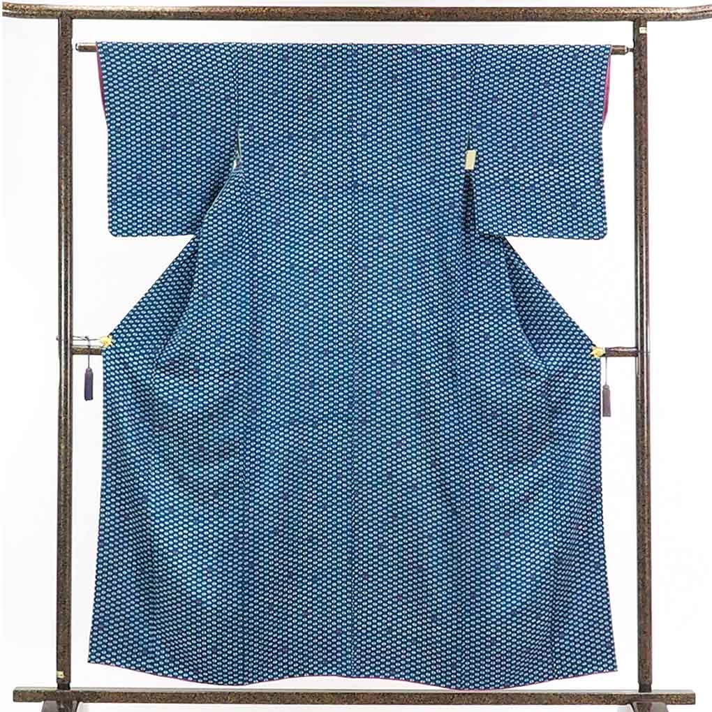 【在庫処分】リサイクル着物 小紋 ／ 正絹紺地糸巻き柄袷小紋着物 ／ レディース【裄Sサイズ】身丈157cm 裄62cm 前幅23.5cm 後幅28cm 袖丈48cm【ランクA】