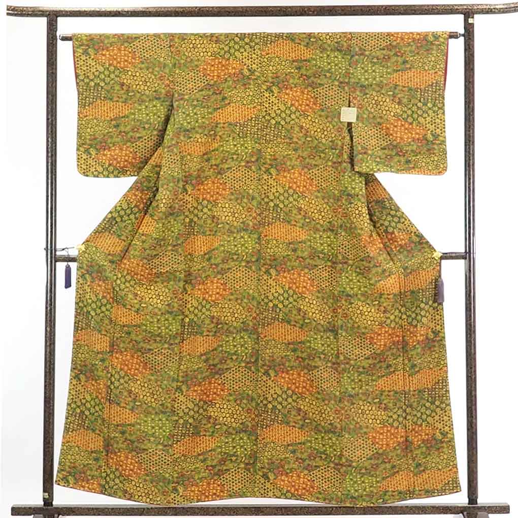 【在庫処分】リサイクル着物 小紋正絹グリーン地袷小紋着物レディース【裄Mサイズ】身丈158cm 裄63cm 前幅24cm 後幅30cm 袖丈49cm【ランクA】