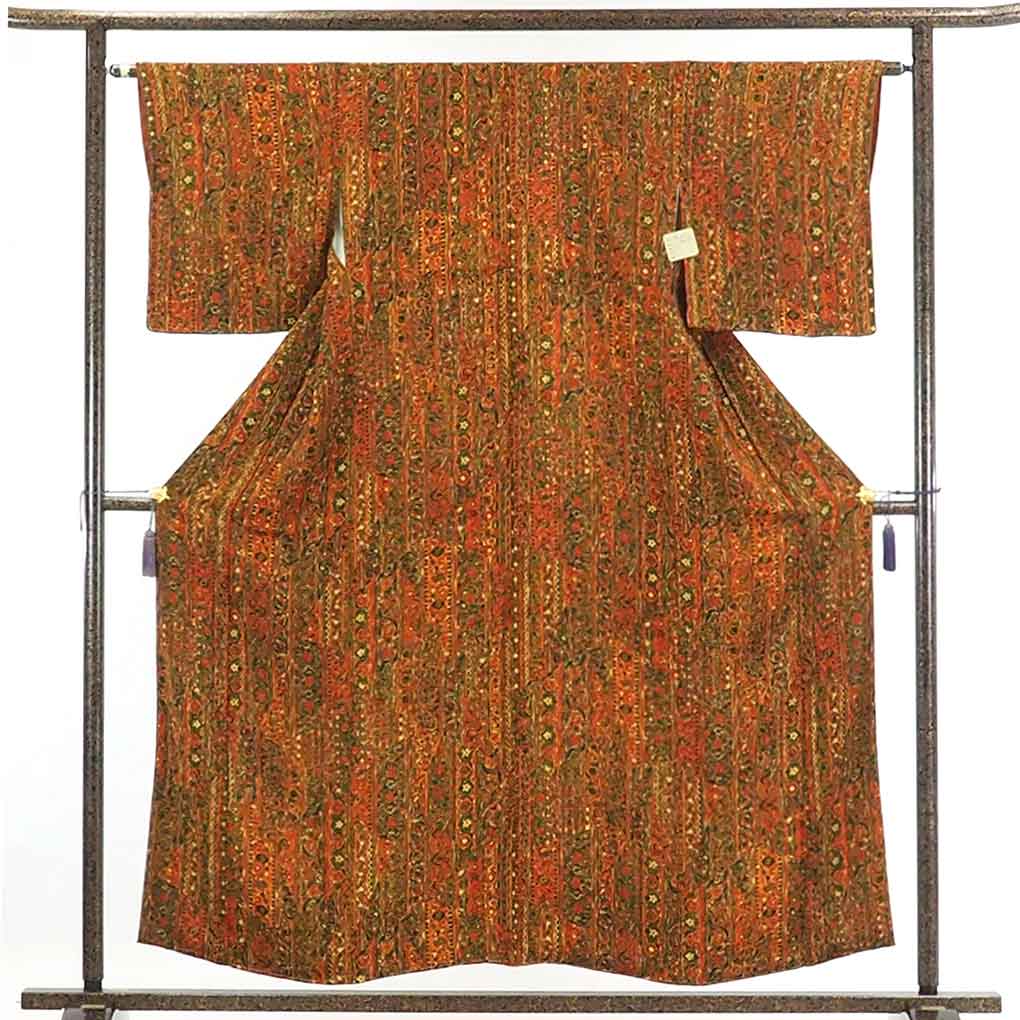 【在庫処分】リサイクル着物 小紋正絹赤茶地更紗模様袷小紋着物未使用品レディース【裄Mサイズ】身丈158cm 裄63cm 前幅23cm 後幅28cm 袖丈47cm【ランクS】