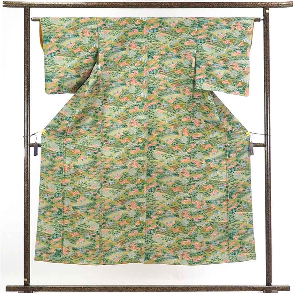 【在庫処分】リサイクル着物 小紋正絹グリーン地袷小紋着物レディース【裄Sサイズ】身丈150cm 裄62cm 前幅22.5cm 後幅28cm 袖丈48cm【ランクA】