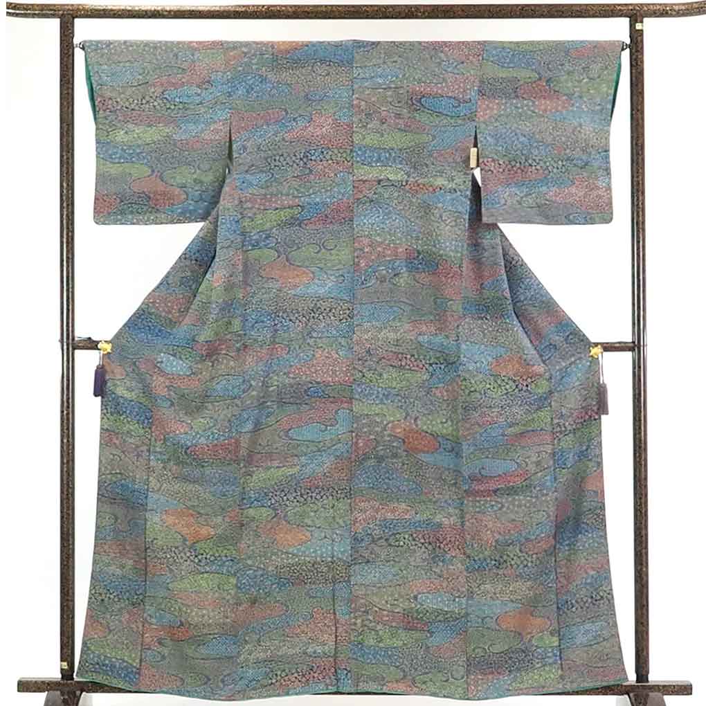 【在庫処分】リサイクル着物 小紋正絹ブルー地袷小紋着物レディース【裄Mサイズ】身丈164cm 裄65cm 前幅24cm 後幅30cm 袖丈46cm【ランクB】