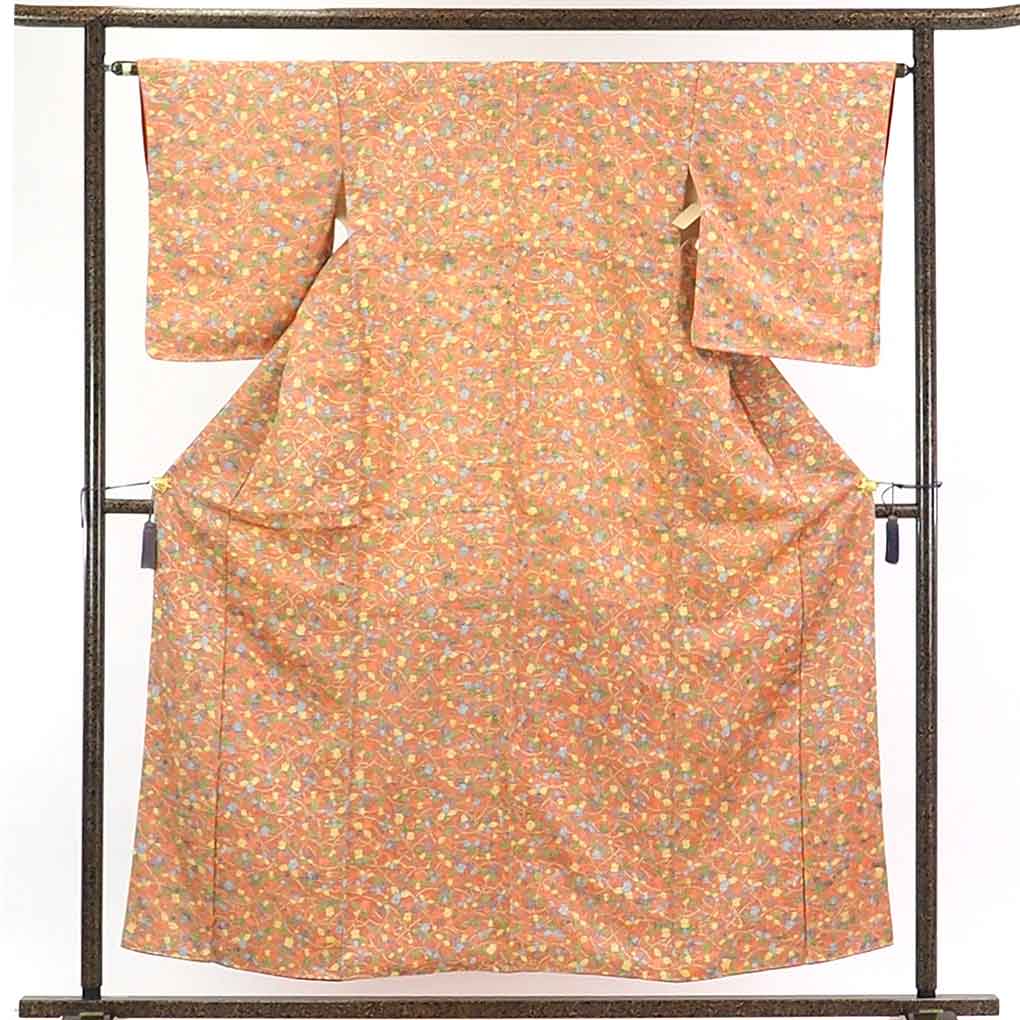 【在庫処分】リサイクル着物 小紋正絹茶オレンジ地花柄袷小紋着物レディース【裄Mサイズ】身丈156cm 裄64cm 前幅22.5cm 後幅28cm 袖丈52cm【ランクA】