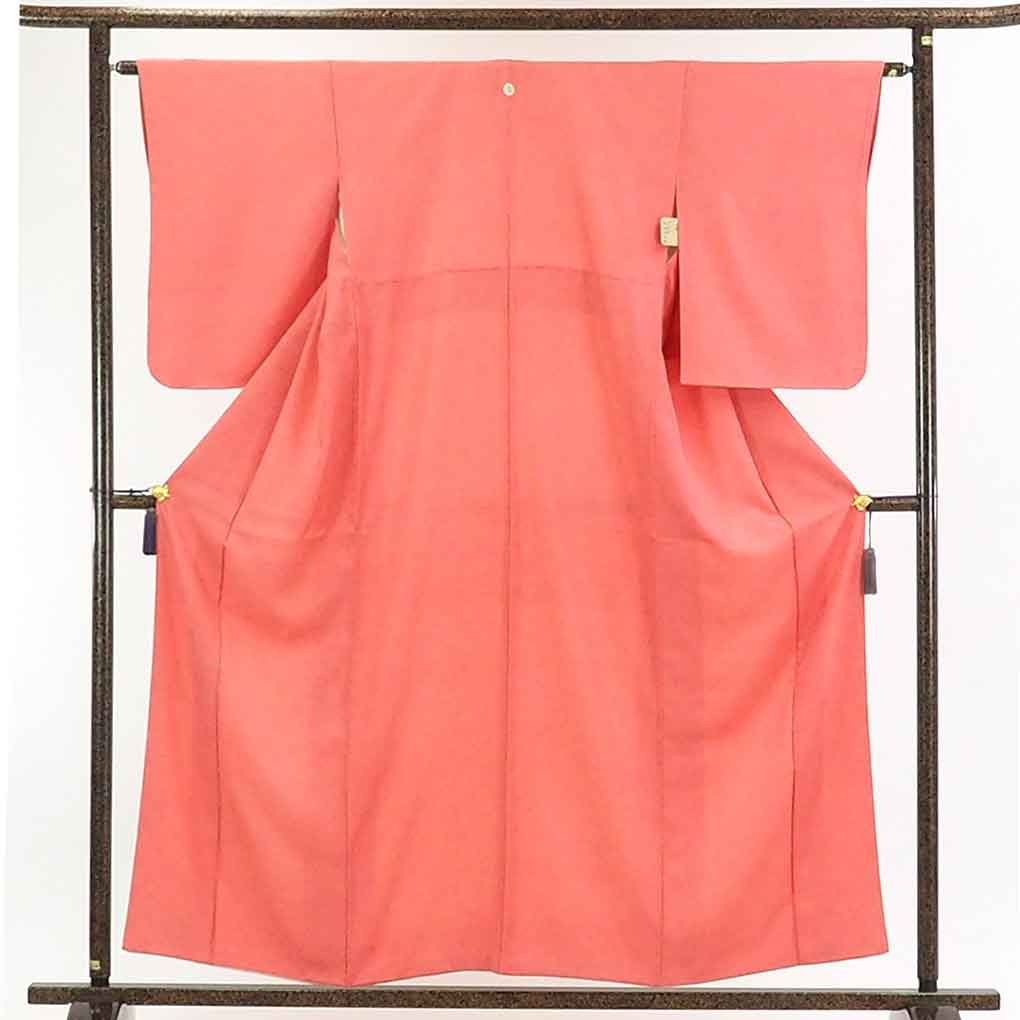 【在庫処分】リサイクル着物 小紋正絹ピンク地源氏車紋入袷江戸小紋着物レディース【裄Mサイズ】身丈159cm 裄63cm 前幅24cm 後幅28cm 袖丈56cm【ランクB】