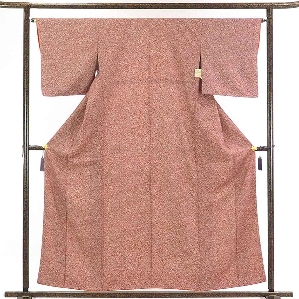 【在庫処分】リサイクル着物 小紋正絹赤茶地たたき染袷小紋着物レディース【裄Mサイズ】身丈159cm 裄65cm 前幅22.5cm 後幅28cm 袖丈47cm【ランクB】