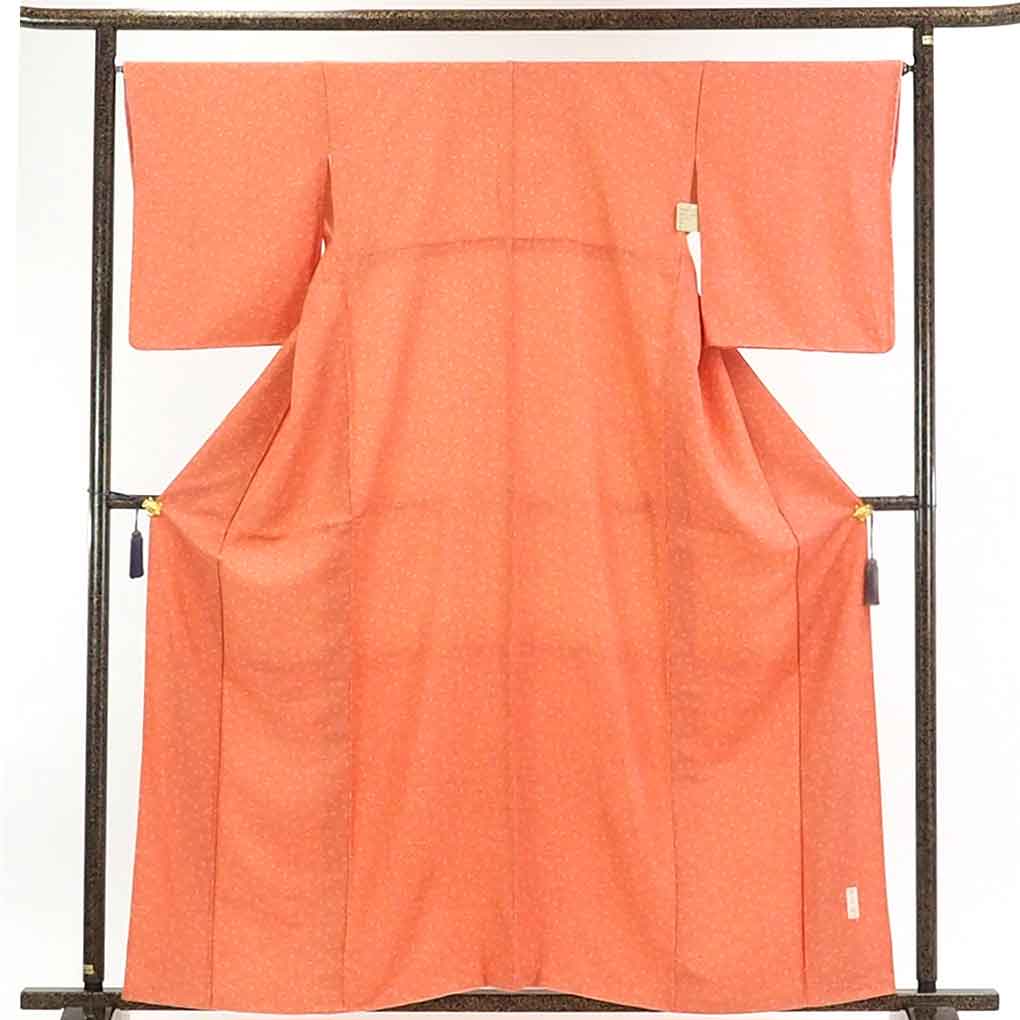 【在庫処分】リサイクル着物 小紋正絹ピンクオレンジ地袷江戸小紋着物レディース【裄Mサイズ】身丈163cm 裄66cm 前幅22cm 後幅31cm 袖丈50cm【ランクA】