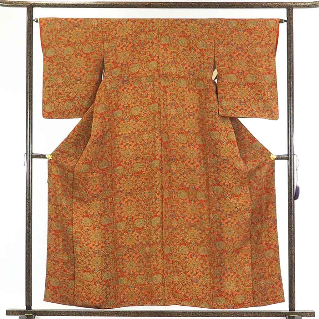 【在庫処分】リサイクル着物 小紋正絹赤茶レンガ地袷小紋着物レディース【裄Mサイズ】身丈158cm 裄64cm 前幅23cm 後幅28cm 袖丈55cm【ランクA】