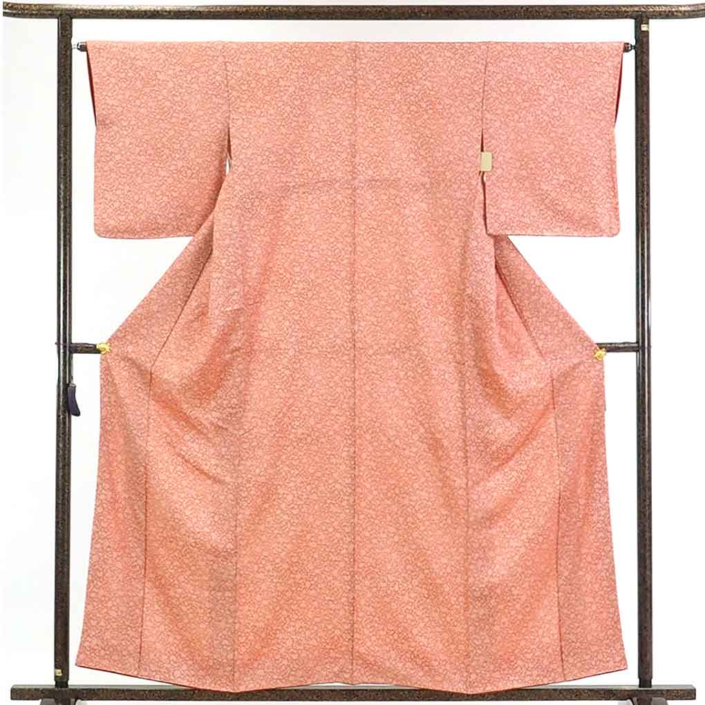 【在庫処分】リサイクル着物 小紋正絹ローズピンク地花柄袷小紋着物レディース【裄Mサイズ】身丈159cm 裄65cm 前幅23cm 後幅29cm 袖丈49cm【ランクA】