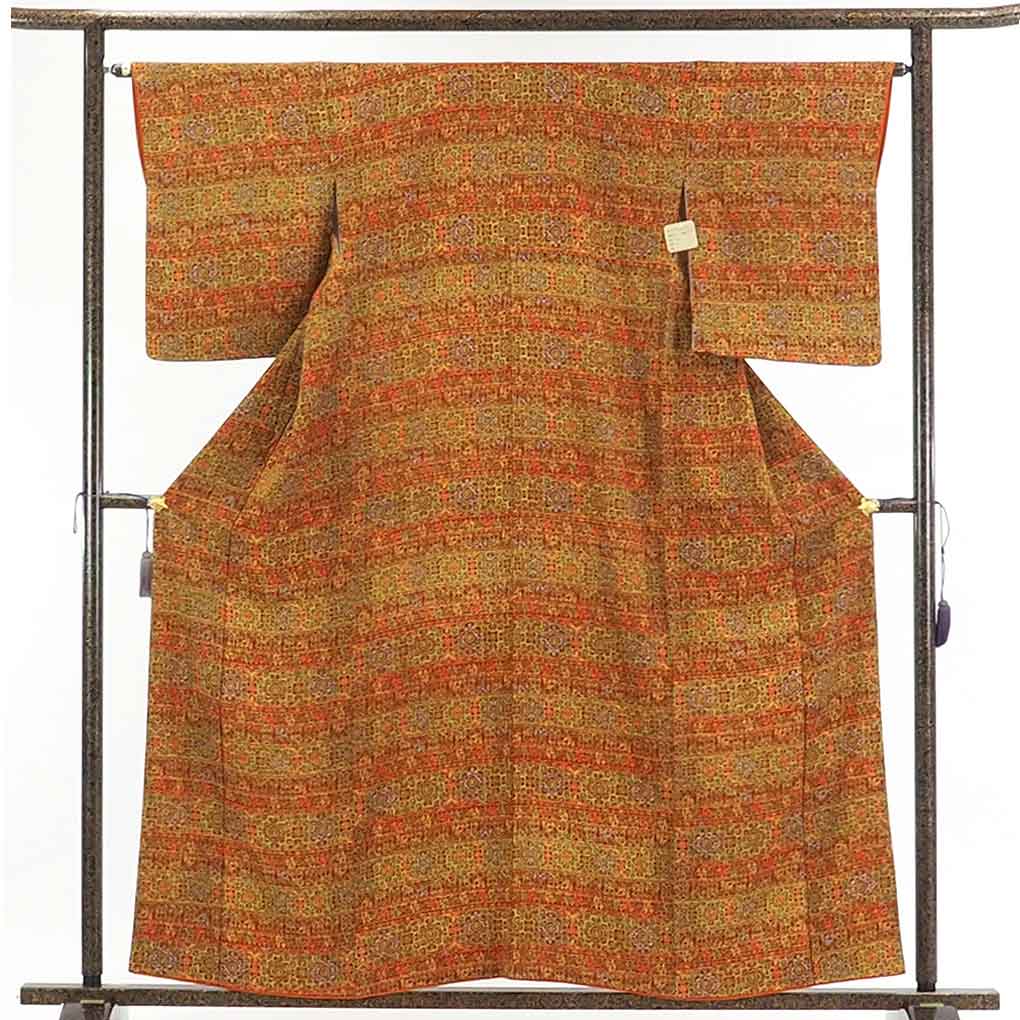 【在庫処分】リサイクル着物 小紋正絹赤地袷小紋着物レディース【裄Mサイズ】身丈160cm 裄64cm 前幅24cm 後幅29.5cm 袖丈52cm【ランクA】