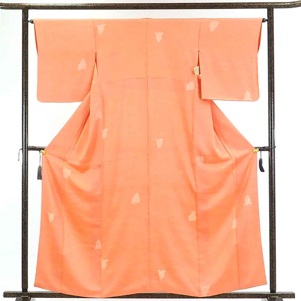 【在庫処分】リサイクル着物 小紋正絹ピンクオレンジ地袷小紋着物レディース【裄Mサイズ】身丈161cm 裄64cm 前幅23.5cm 後幅28cm 袖丈48cm【ランクA】